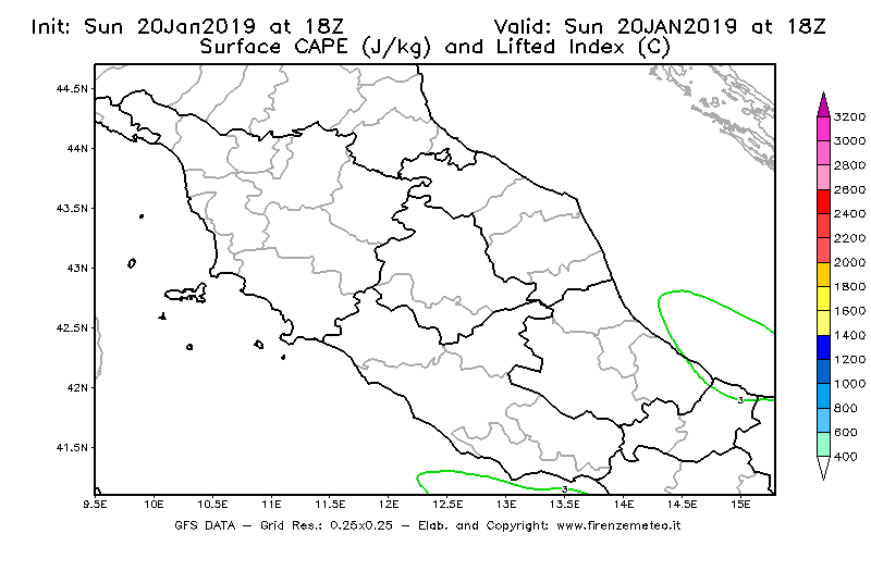 Mappa di analisi GFS - CAPE [J/kg] e Lifted Index [°C] in Centro-Italia
									del 20/01/2019 18 <!--googleoff: index-->UTC<!--googleon: index-->