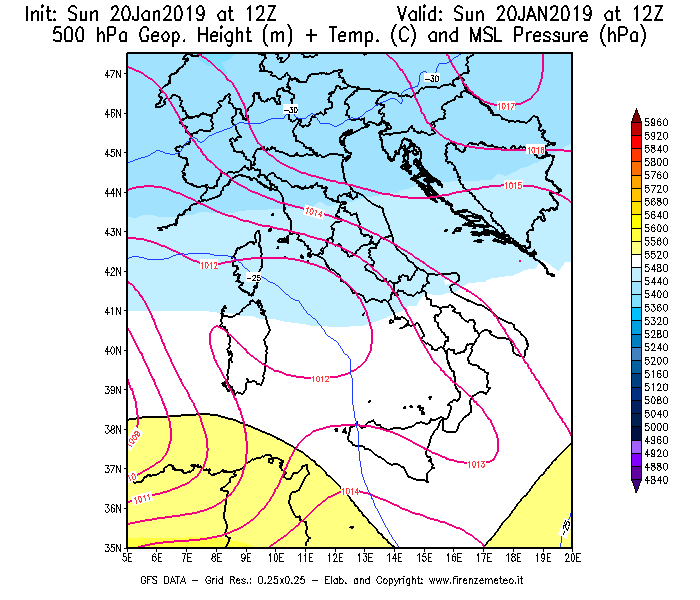 Mappa di analisi GFS - Geopotenziale [m] + Temp. [°C] a 500 hPa + Press. a livello del mare [hPa] in Italia
									del 20/01/2019 12 <!--googleoff: index-->UTC<!--googleon: index-->