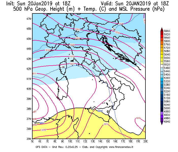 Mappa di analisi GFS - Geopotenziale [m] + Temp. [°C] a 500 hPa + Press. a livello del mare [hPa] in Italia
									del 20/01/2019 18 <!--googleoff: index-->UTC<!--googleon: index-->
