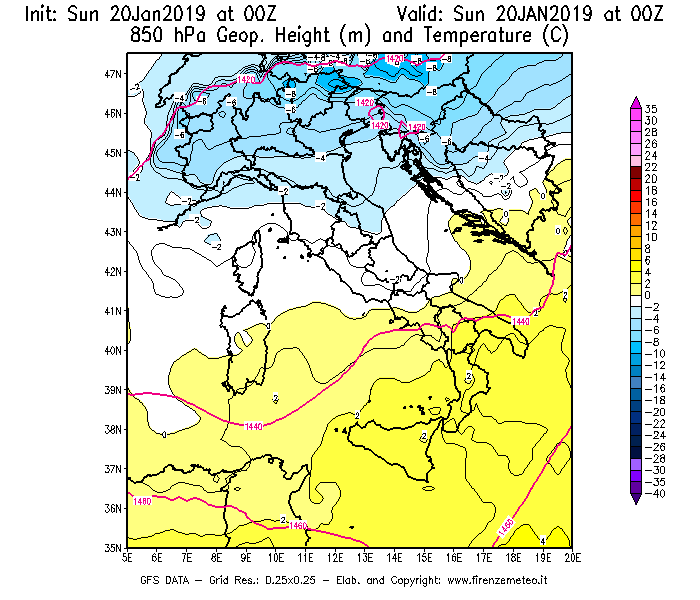 Mappa di analisi GFS - Geopotenziale [m] e Temperatura [°C] a 850 hPa in Italia
									del 20/01/2019 00 <!--googleoff: index-->UTC<!--googleon: index-->