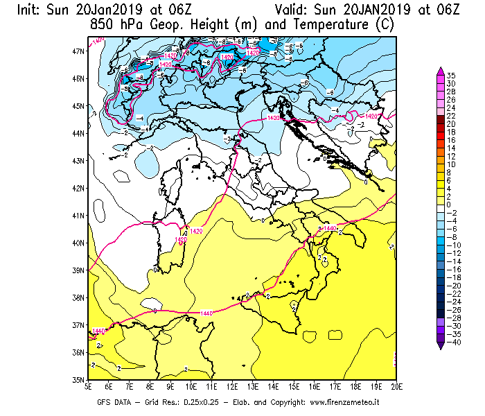 Mappa di analisi GFS - Geopotenziale [m] e Temperatura [°C] a 850 hPa in Italia
									del 20/01/2019 06 <!--googleoff: index-->UTC<!--googleon: index-->