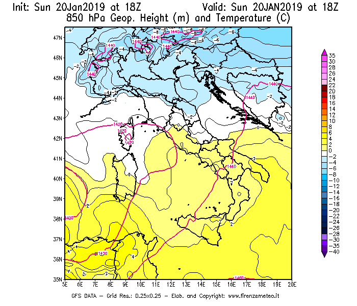 Mappa di analisi GFS - Geopotenziale [m] e Temperatura [°C] a 850 hPa in Italia
									del 20/01/2019 18 <!--googleoff: index-->UTC<!--googleon: index-->