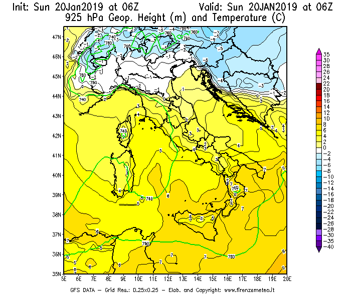 Mappa di analisi GFS - Geopotenziale [m] e Temperatura [°C] a 925 hPa in Italia
									del 20/01/2019 06 <!--googleoff: index-->UTC<!--googleon: index-->