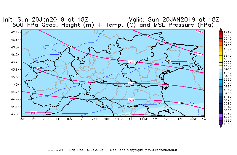 Mappa di analisi GFS - Geopotenziale [m] + Temp. [°C] a 500 hPa + Press. a livello del mare [hPa] in Nord-Italia
									del 20/01/2019 18 <!--googleoff: index-->UTC<!--googleon: index-->