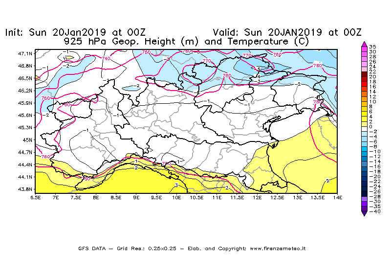 Mappa di analisi GFS - Geopotenziale [m] e Temperatura [°C] a 925 hPa in Nord-Italia
									del 20/01/2019 00 <!--googleoff: index-->UTC<!--googleon: index-->