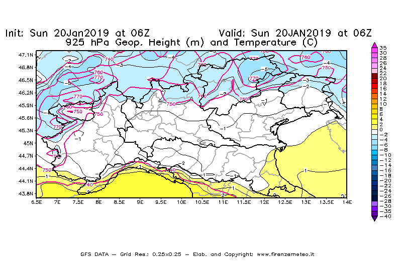 Mappa di analisi GFS - Geopotenziale [m] e Temperatura [°C] a 925 hPa in Nord-Italia
									del 20/01/2019 06 <!--googleoff: index-->UTC<!--googleon: index-->