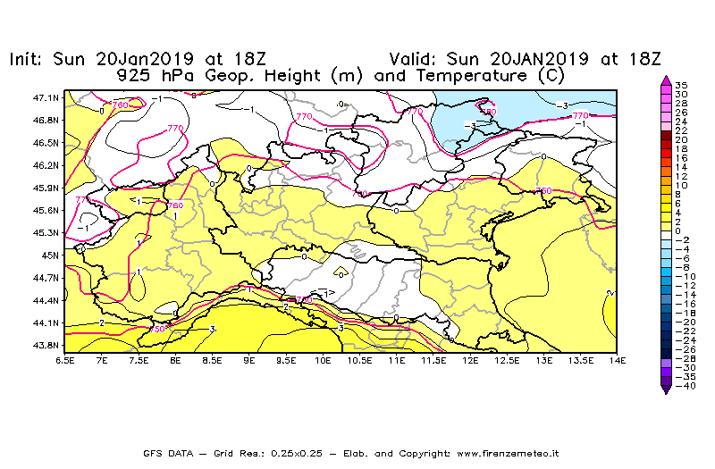 Mappa di analisi GFS - Geopotenziale [m] e Temperatura [°C] a 925 hPa in Nord-Italia
									del 20/01/2019 18 <!--googleoff: index-->UTC<!--googleon: index-->