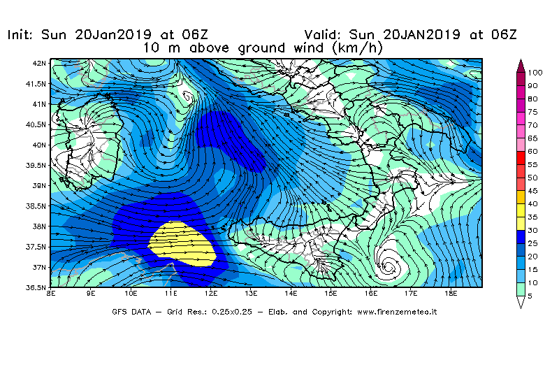 Mappa di analisi GFS - Velocità del vento a 10 metri dal suolo [km/h] in Sud-Italia
									del 20/01/2019 06 <!--googleoff: index-->UTC<!--googleon: index-->