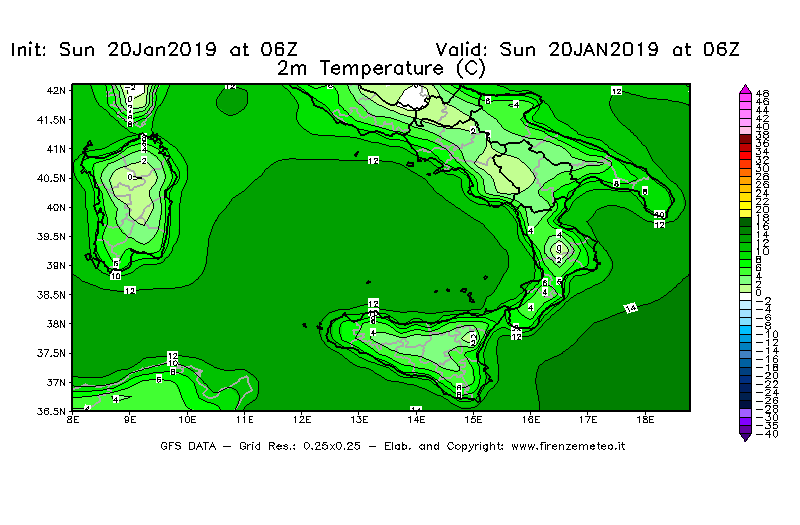 Mappa di analisi GFS - Temperatura a 2 metri dal suolo [°C] in Sud-Italia
									del 20/01/2019 06 <!--googleoff: index-->UTC<!--googleon: index-->