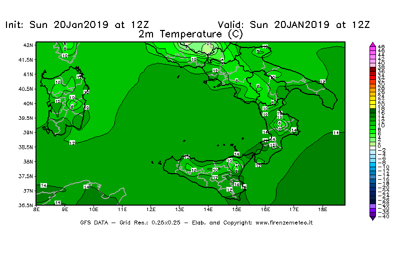 Mappa di analisi GFS - Temperatura a 2 metri dal suolo [°C] in Sud-Italia
									del 20/01/2019 12 <!--googleoff: index-->UTC<!--googleon: index-->