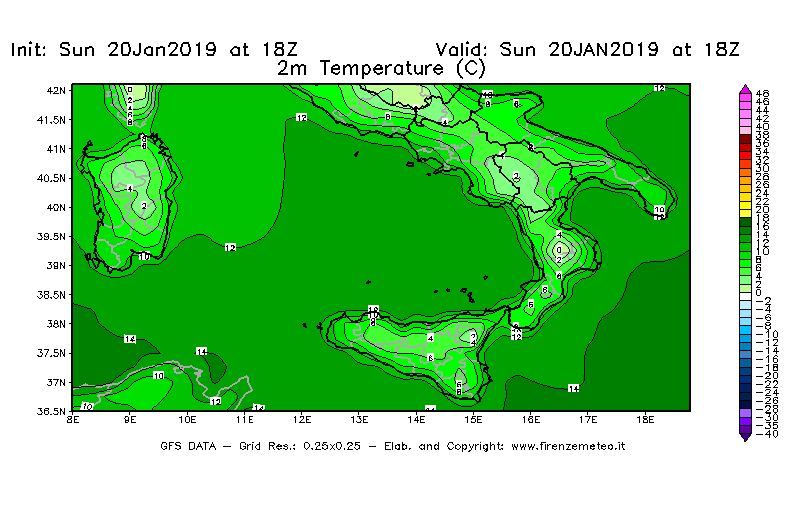 Mappa di analisi GFS - Temperatura a 2 metri dal suolo [°C] in Sud-Italia
									del 20/01/2019 18 <!--googleoff: index-->UTC<!--googleon: index-->
