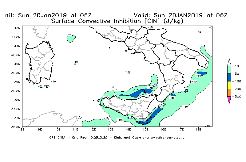 Mappa di analisi GFS - CIN [J/kg] in Sud-Italia
									del 20/01/2019 06 <!--googleoff: index-->UTC<!--googleon: index-->