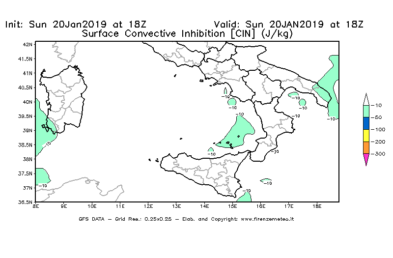 Mappa di analisi GFS - CIN [J/kg] in Sud-Italia
									del 20/01/2019 18 <!--googleoff: index-->UTC<!--googleon: index-->