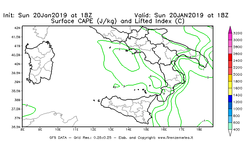 Mappa di analisi GFS - CAPE [J/kg] e Lifted Index [°C] in Sud-Italia
									del 20/01/2019 18 <!--googleoff: index-->UTC<!--googleon: index-->