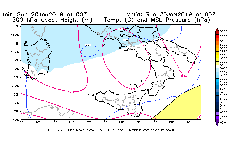 Mappa di analisi GFS - Geopotenziale [m] + Temp. [°C] a 500 hPa + Press. a livello del mare [hPa] in Sud-Italia
									del 20/01/2019 00 <!--googleoff: index-->UTC<!--googleon: index-->