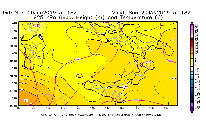 Mappa di analisi GFS - Geopotenziale [m] e Temperatura [°C] a 925 hPa in Sud-Italia
									del 20/01/2019 18 <!--googleoff: index-->UTC<!--googleon: index-->