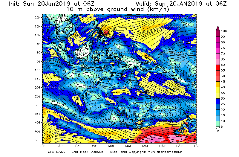 Mappa di analisi GFS - Velocità del vento a 10 metri dal suolo [km/h] in Oceania
									del 20/01/2019 06 <!--googleoff: index-->UTC<!--googleon: index-->