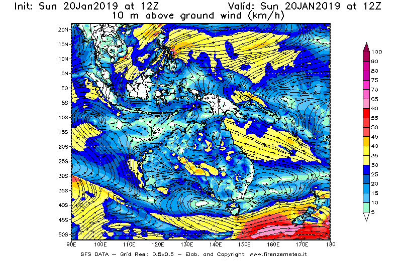 Mappa di analisi GFS - Velocità del vento a 10 metri dal suolo [km/h] in Oceania
									del 20/01/2019 12 <!--googleoff: index-->UTC<!--googleon: index-->