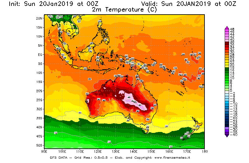 Mappa di analisi GFS - Temperatura a 2 metri dal suolo [°C] in Oceania
									del 20/01/2019 00 <!--googleoff: index-->UTC<!--googleon: index-->