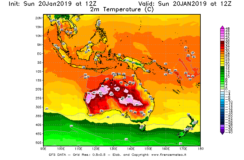 Mappa di analisi GFS - Temperatura a 2 metri dal suolo [°C] in Oceania
									del 20/01/2019 12 <!--googleoff: index-->UTC<!--googleon: index-->