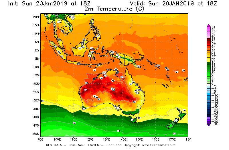Mappa di analisi GFS - Temperatura a 2 metri dal suolo [°C] in Oceania
									del 20/01/2019 18 <!--googleoff: index-->UTC<!--googleon: index-->