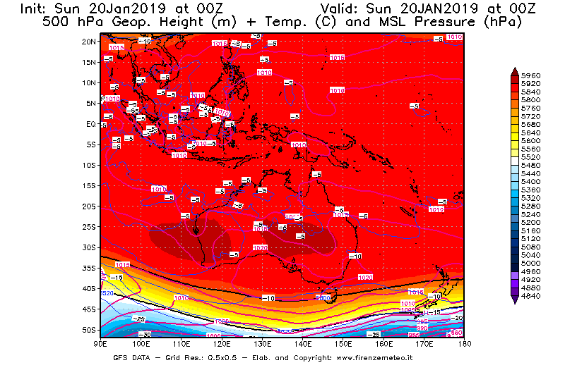Mappa di analisi GFS - Geopotenziale [m] + Temp. [°C] a 500 hPa + Press. a livello del mare [hPa] in Oceania
									del 20/01/2019 00 <!--googleoff: index-->UTC<!--googleon: index-->