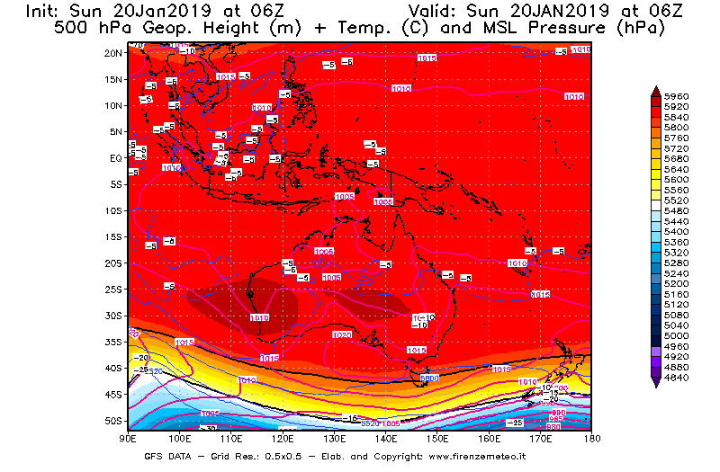 Mappa di analisi GFS - Geopotenziale [m] + Temp. [°C] a 500 hPa + Press. a livello del mare [hPa] in Oceania
									del 20/01/2019 06 <!--googleoff: index-->UTC<!--googleon: index-->