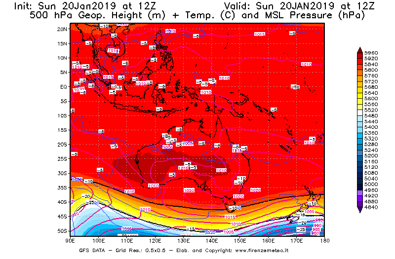 Mappa di analisi GFS - Geopotenziale [m] + Temp. [°C] a 500 hPa + Press. a livello del mare [hPa] in Oceania
									del 20/01/2019 12 <!--googleoff: index-->UTC<!--googleon: index-->