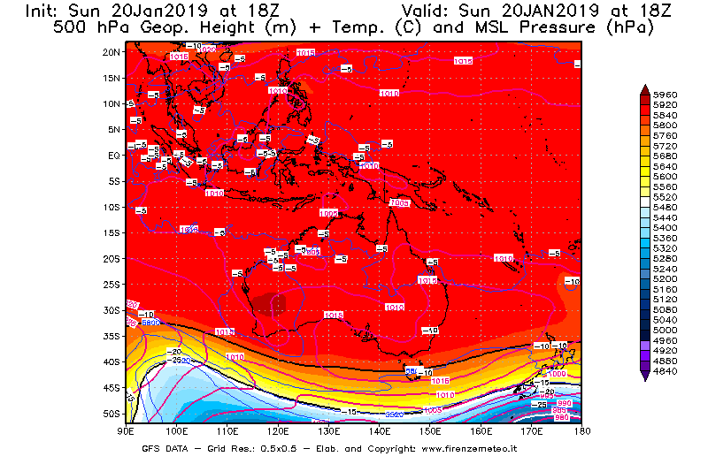 Mappa di analisi GFS - Geopotenziale [m] + Temp. [°C] a 500 hPa + Press. a livello del mare [hPa] in Oceania
									del 20/01/2019 18 <!--googleoff: index-->UTC<!--googleon: index-->