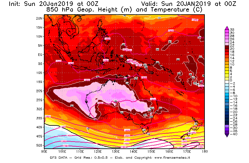 Mappa di analisi GFS - Geopotenziale [m] e Temperatura [°C] a 850 hPa in Oceania
									del 20/01/2019 00 <!--googleoff: index-->UTC<!--googleon: index-->
