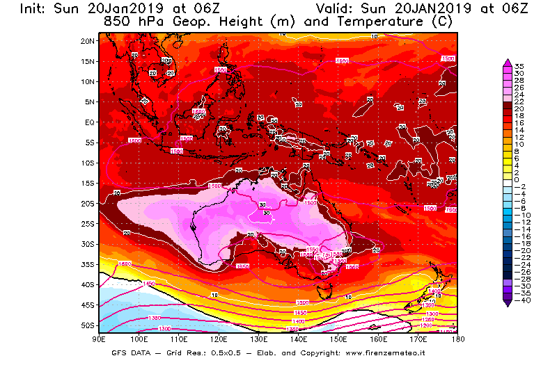 Mappa di analisi GFS - Geopotenziale [m] e Temperatura [°C] a 850 hPa in Oceania
									del 20/01/2019 06 <!--googleoff: index-->UTC<!--googleon: index-->