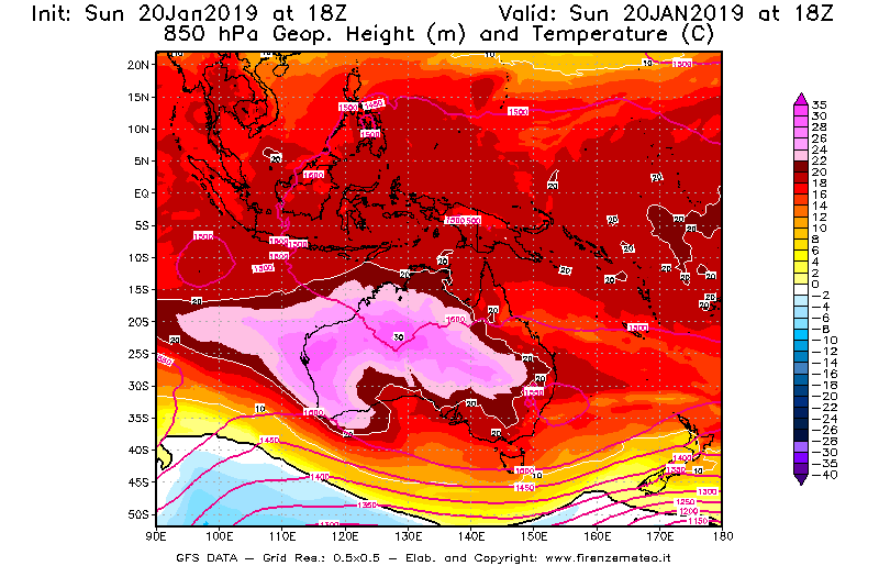 Mappa di analisi GFS - Geopotenziale [m] e Temperatura [°C] a 850 hPa in Oceania
									del 20/01/2019 18 <!--googleoff: index-->UTC<!--googleon: index-->