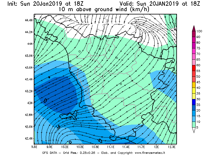 Mappa di analisi GFS - Velocità del vento a 10 metri dal suolo [km/h] in Toscana
									del 20/01/2019 18 <!--googleoff: index-->UTC<!--googleon: index-->
