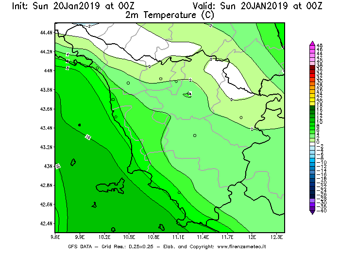 Mappa di analisi GFS - Temperatura a 2 metri dal suolo [°C] in Toscana
									del 20/01/2019 00 <!--googleoff: index-->UTC<!--googleon: index-->