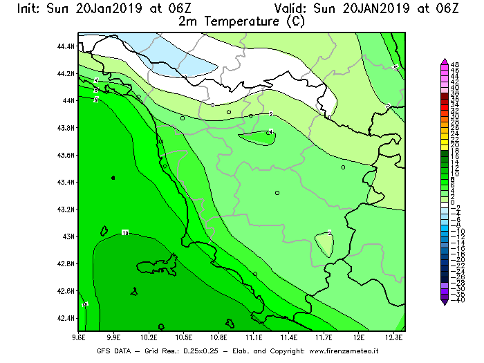 Mappa di analisi GFS - Temperatura a 2 metri dal suolo [°C] in Toscana
									del 20/01/2019 06 <!--googleoff: index-->UTC<!--googleon: index-->