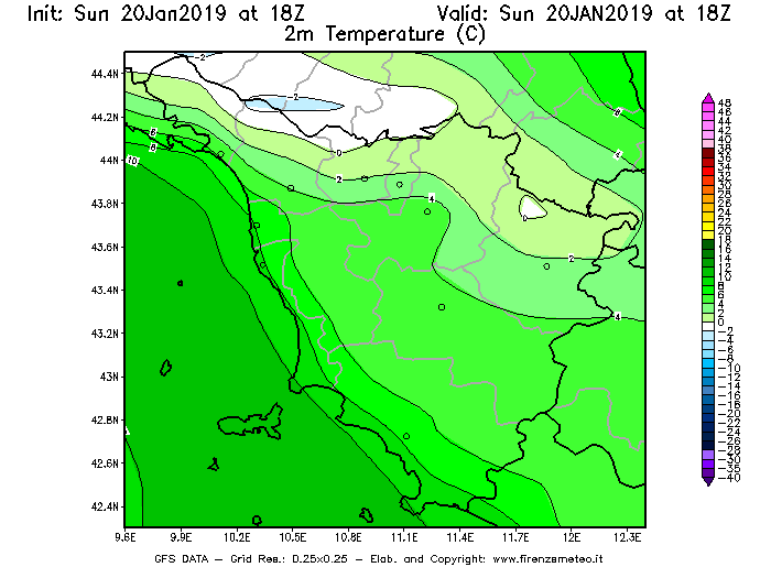 Mappa di analisi GFS - Temperatura a 2 metri dal suolo [°C] in Toscana
									del 20/01/2019 18 <!--googleoff: index-->UTC<!--googleon: index-->