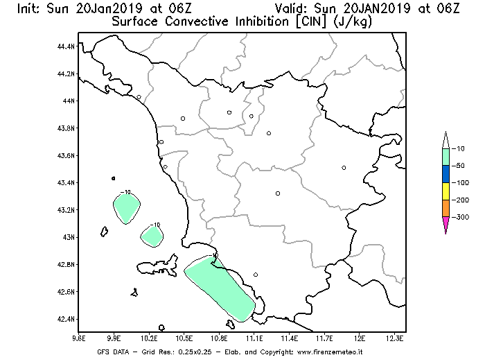Mappa di analisi GFS - CIN [J/kg] in Toscana
									del 20/01/2019 06 <!--googleoff: index-->UTC<!--googleon: index-->