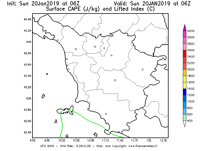 Mappa di analisi GFS - CAPE [J/kg] e Lifted Index [°C] in Toscana
									del 20/01/2019 06 <!--googleoff: index-->UTC<!--googleon: index-->