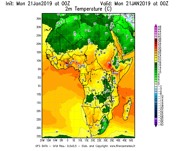 Mappa di analisi GFS - Temperatura a 2 metri dal suolo [°C] in Africa
									del 21/01/2019 00 <!--googleoff: index-->UTC<!--googleon: index-->
