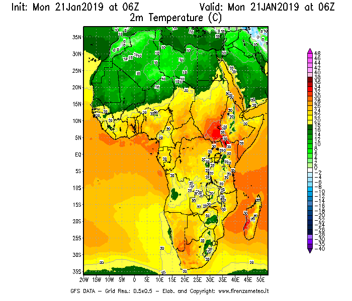 Mappa di analisi GFS - Temperatura a 2 metri dal suolo [°C] in Africa
									del 21/01/2019 06 <!--googleoff: index-->UTC<!--googleon: index-->
