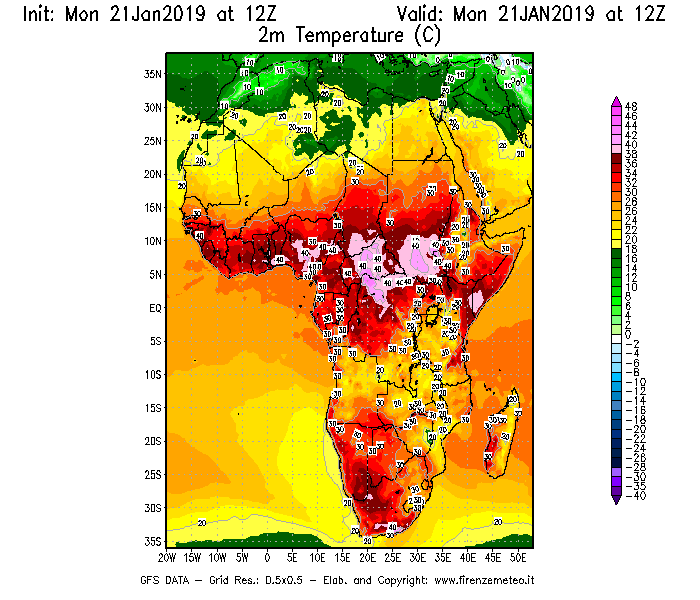 Mappa di analisi GFS - Temperatura a 2 metri dal suolo [°C] in Africa
									del 21/01/2019 12 <!--googleoff: index-->UTC<!--googleon: index-->
