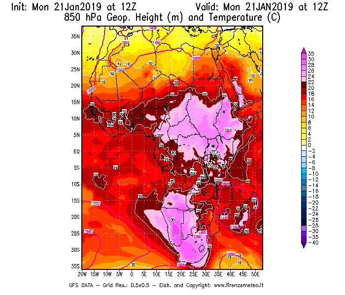 Mappa di analisi GFS - Geopotenziale [m] e Temperatura [°C] a 850 hPa in Africa
									del 21/01/2019 12 <!--googleoff: index-->UTC<!--googleon: index-->