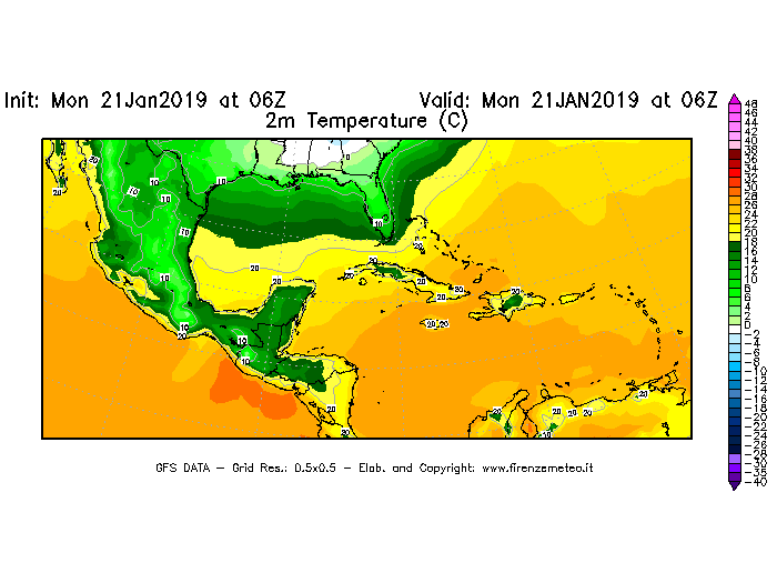 Mappa di analisi GFS - Temperatura a 2 metri dal suolo [°C] in Centro-America
									del 21/01/2019 06 <!--googleoff: index-->UTC<!--googleon: index-->