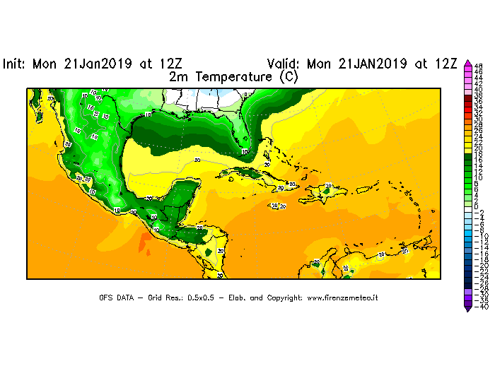 Mappa di analisi GFS - Temperatura a 2 metri dal suolo [°C] in Centro-America
									del 21/01/2019 12 <!--googleoff: index-->UTC<!--googleon: index-->