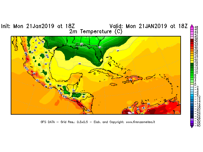 Mappa di analisi GFS - Temperatura a 2 metri dal suolo [°C] in Centro-America
									del 21/01/2019 18 <!--googleoff: index-->UTC<!--googleon: index-->