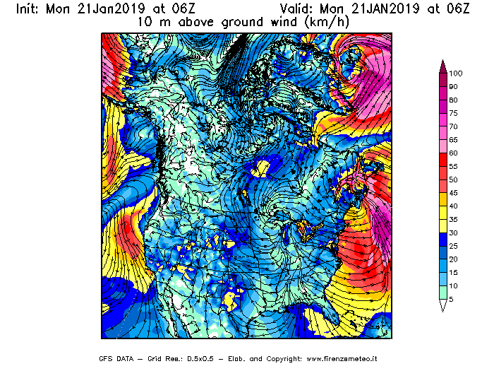 Mappa di analisi GFS - Velocità del vento a 10 metri dal suolo [km/h] in Nord-America
									del 21/01/2019 06 <!--googleoff: index-->UTC<!--googleon: index-->