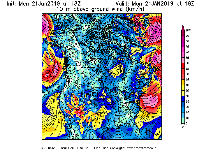 Mappa di analisi GFS - Velocità del vento a 10 metri dal suolo [km/h] in Nord-America
									del 21/01/2019 18 <!--googleoff: index-->UTC<!--googleon: index-->