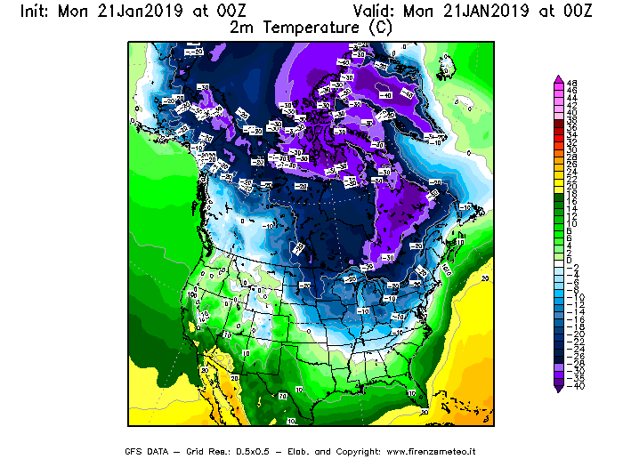 Mappa di analisi GFS - Temperatura a 2 metri dal suolo [°C] in Nord-America
									del 21/01/2019 00 <!--googleoff: index-->UTC<!--googleon: index-->