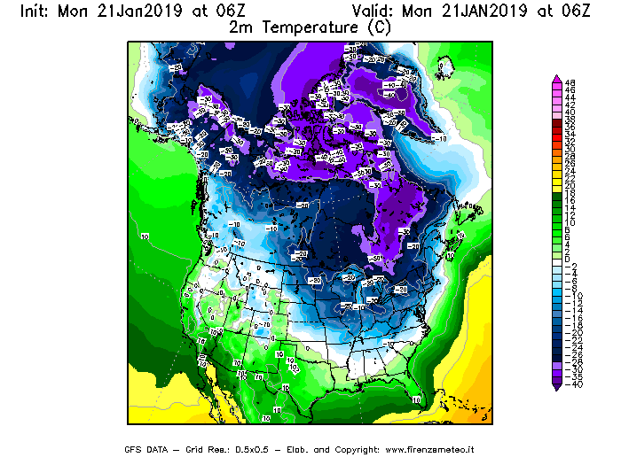 Mappa di analisi GFS - Temperatura a 2 metri dal suolo [°C] in Nord-America
									del 21/01/2019 06 <!--googleoff: index-->UTC<!--googleon: index-->