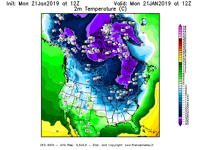 Mappa di analisi GFS - Temperatura a 2 metri dal suolo [°C] in Nord-America
									del 21/01/2019 12 <!--googleoff: index-->UTC<!--googleon: index-->